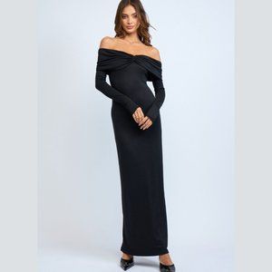 NWT Black Solid Off Shoulder Front Ruched Long Sleeve Fitted Maxi Dress